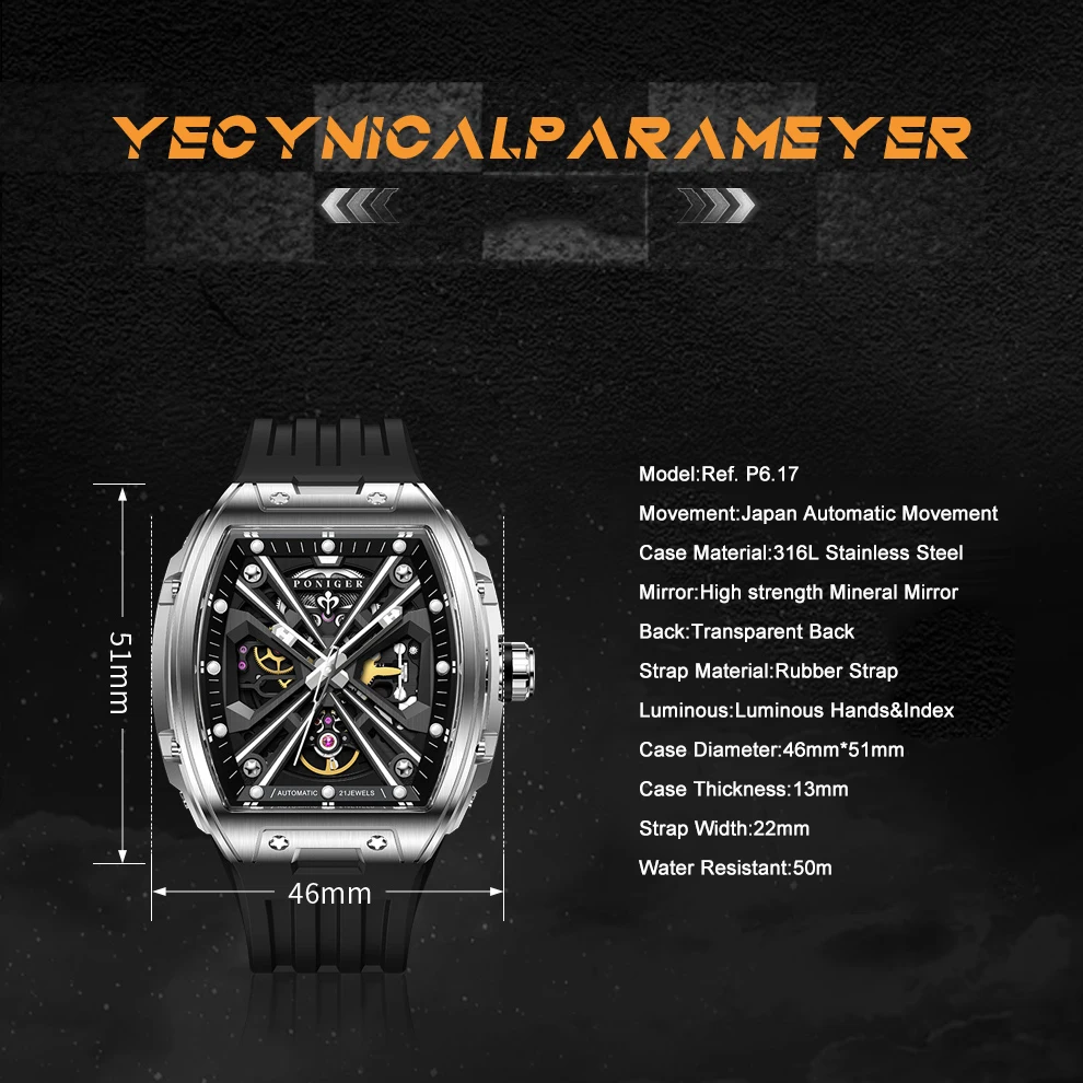 PONIGER Men Automatic Watch 46mm Luxury Tonneau Mechanical Wristwatch Sapphire Luminous Skeleton Dial Rubber Strap