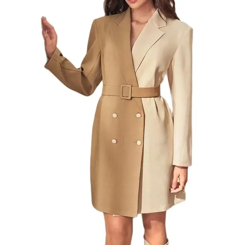 Women's Casual Blazer Beige Khaki Double Breasted Notch Lapel Knee Length Dress Jacket Formal Office Work Suits One Piece 2025