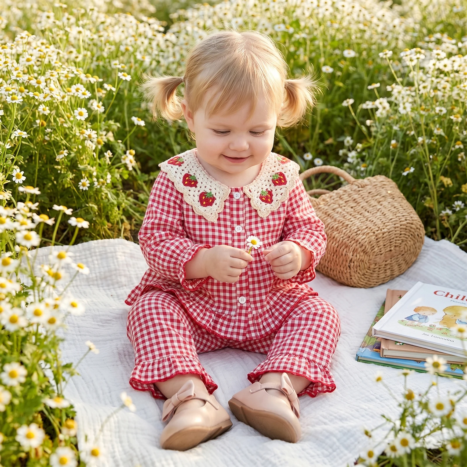 Toddler Baby Girl Fall Outfits Casual Cherry/Strawberry Plaid Button Down Doll Collar Long Sleeve Tops with Pants 2 Pcs Set