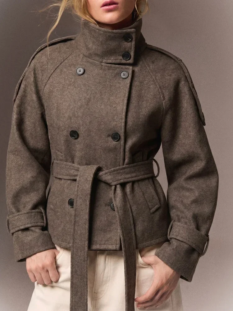 2026 Winter New Short Double Breasted Wool Coat Women's Stand up Collar Strap Slim Fit Wool Comfort Coat