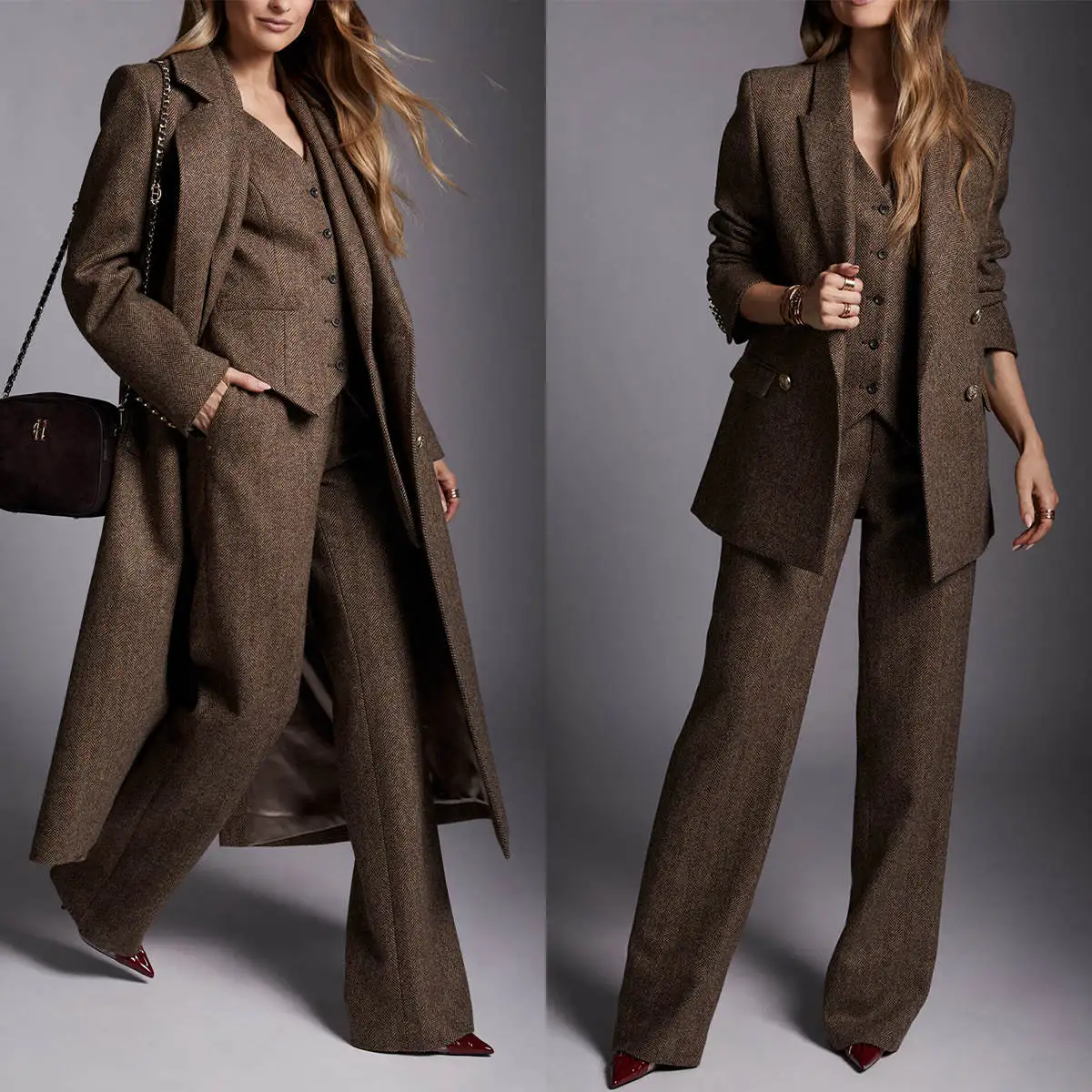 Customized Women Herringbone Suits Brown Double Breasted Notch Lapel Business Regular Fit 4 Pieces Jacket Vest Pants Sets