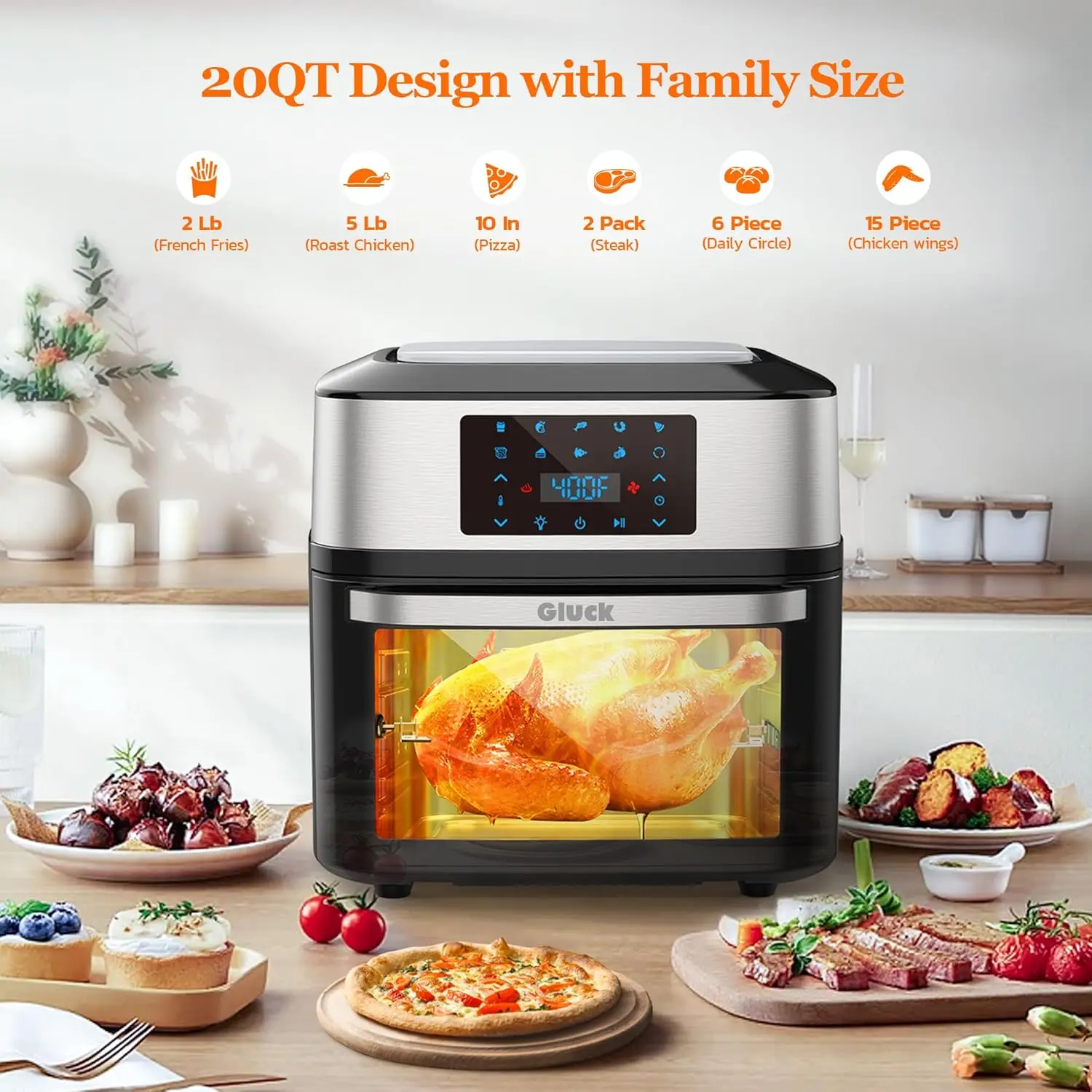 Oven Large 20 QT, 10-in-1 Airfryer Combo with Window for Family, Air Fryer Toaster Oven with Rottisserie Racks & Cookbook, ETL C