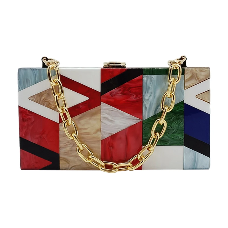 New Acrylic Evening Bag Multicolor Plaid Patchwork Clutch Purse Elegant Lady Handbag Party Prom Chain Crossbody Bags Mini Wallet