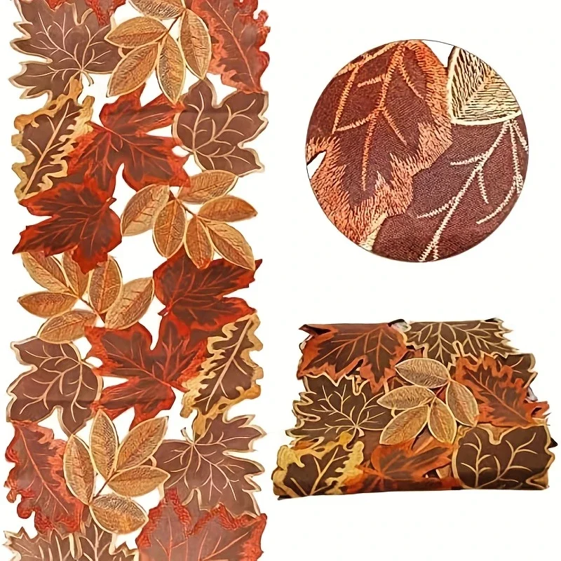 Leaves Fall Table Runner Thanksgiving Runner Embroidered Harvest Maple Leaf Decoration for Autumn Applique Dresser Scarf