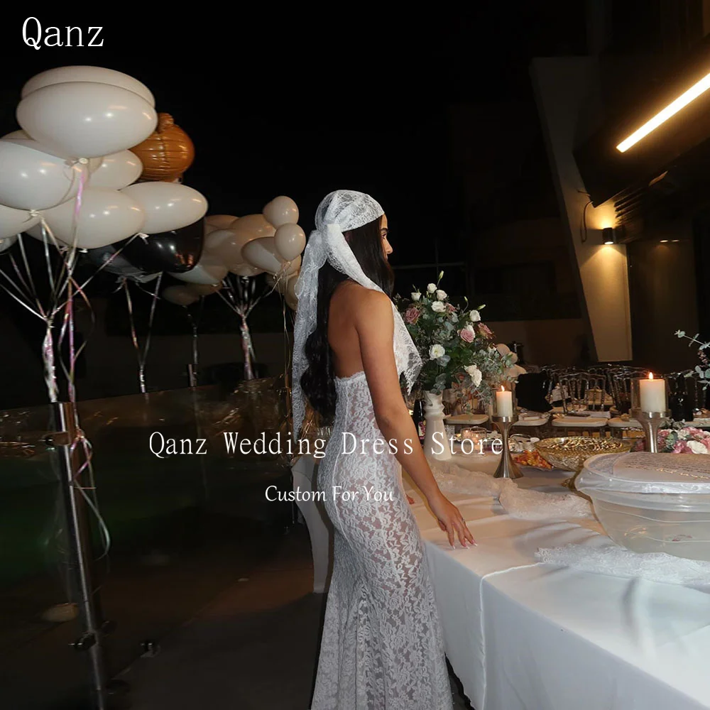 

Qanz Bohemian Wedding Party Dress Mermaid Lace Appliques Women Bridal Gowns Backless Halter Neck Robe De Mariée Customized