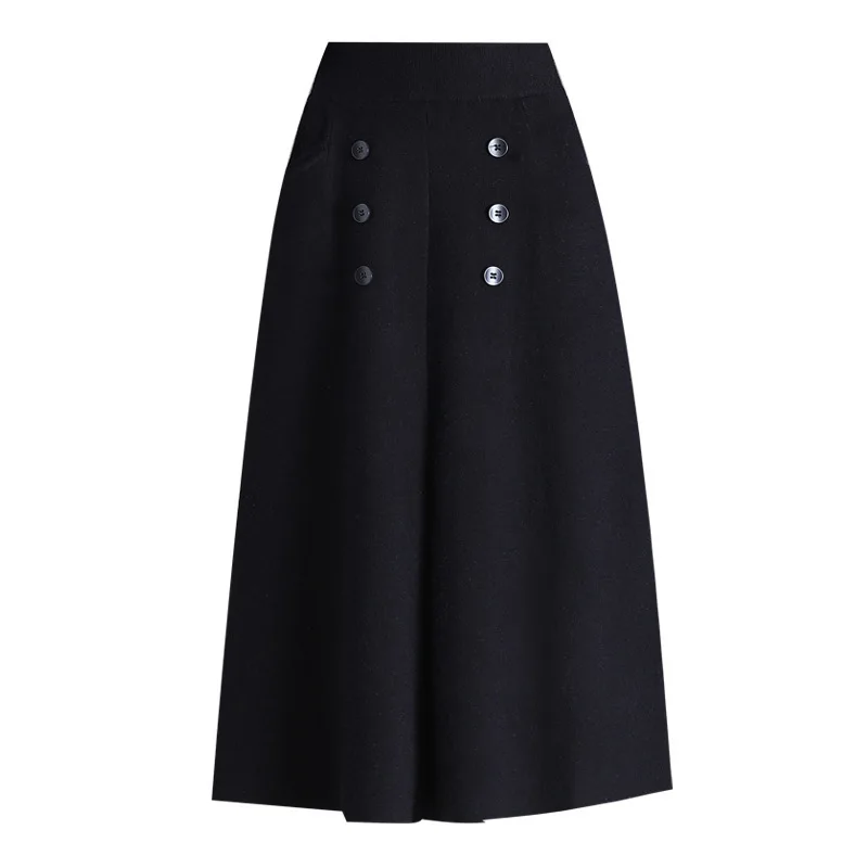 Autumn And Winter100% Pure Wool Skirt Women\'s Long Pocket Small A Skirt High Waist Slim Cashmere Knit A-Line Skirt