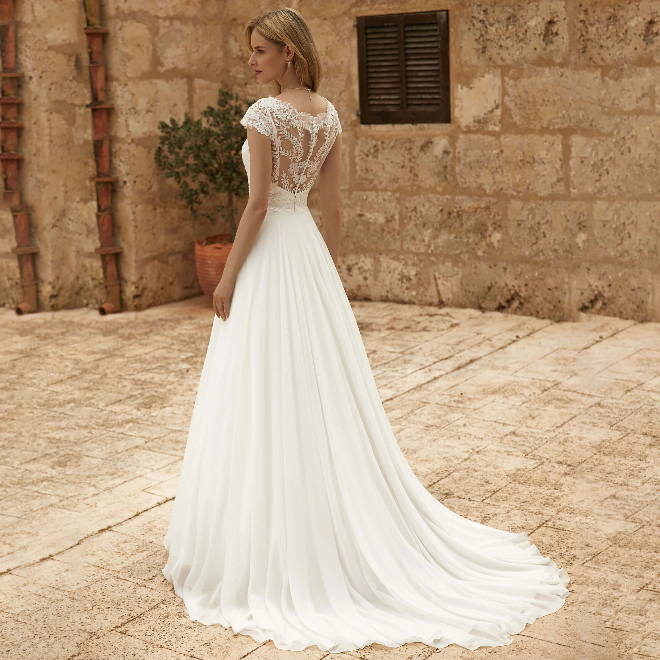 Cap Sleeve Floral Lace Chiffon Wedding Dress V Neck Sheer Back A Line Bridal Gown Long Train Outdoor Civil Wedding Custom Sizes