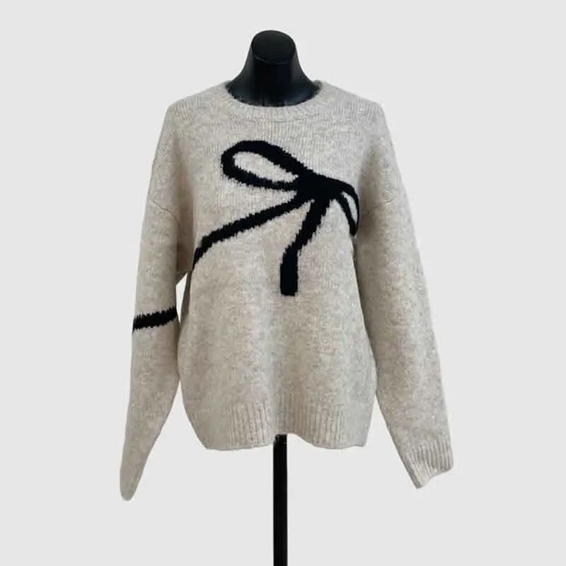 [EWQ] Temperament Bow Design O-Neck Long Sleeve Knitted Sweater Loose All-match Gray Pullover Tops Women 2024 Autumn New 16O1409