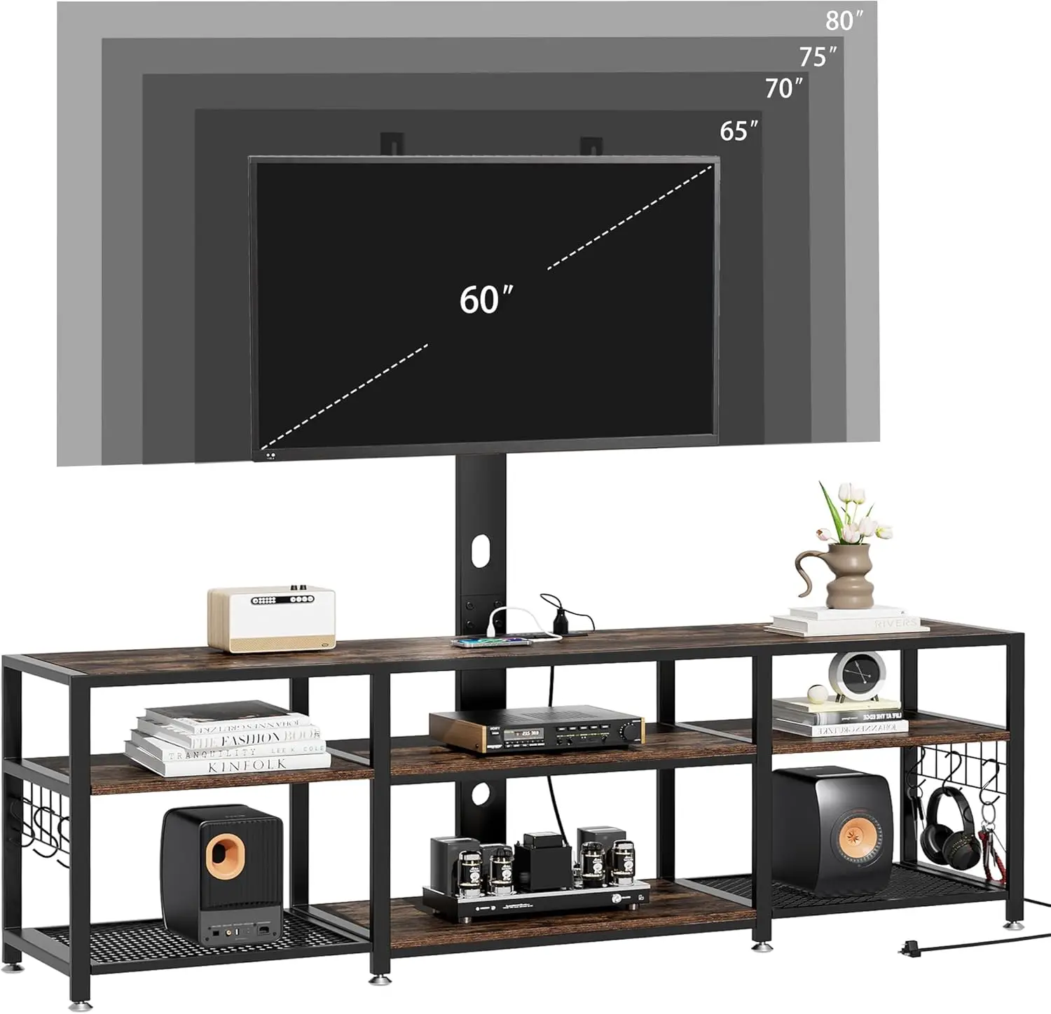 TV Stand with Mount and Power Outlet, Height Adjustable Entertainment Center with Storage Shelves for 32/55/65/75/80 inches Tele