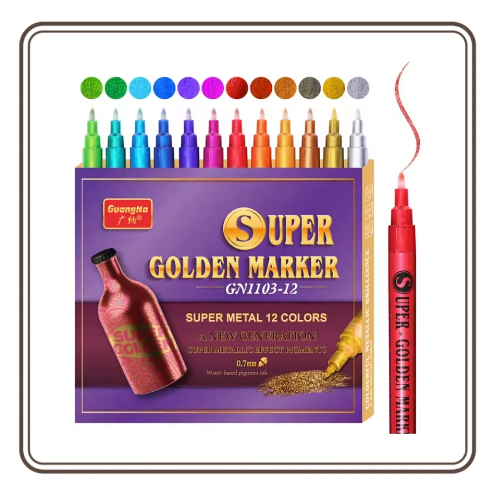 GuangNa 12 Colors Super Metallic Markers 0.7MM Golden Shine Water-Proof Marker Pen For Model Metal Cloth Glass Wood Canvas