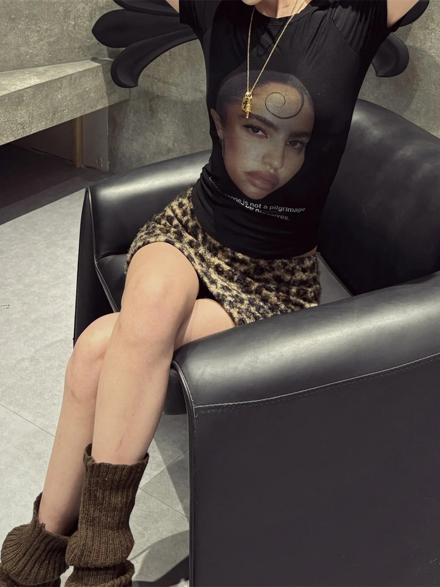 Retro Leopard Print Woolen  Skirt Women's Spring Autumn New Large Size Pear Shape High Waist Slim A-Line Wraparound Skirt