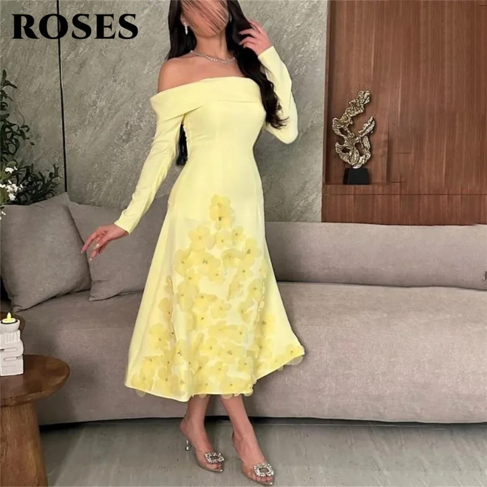 ROSES Fuchsia Prom Dress Off The Shoulder Long Sleeves Midi A-Line Satin Prom Gown with Exquisite Flower Appliqués Customized