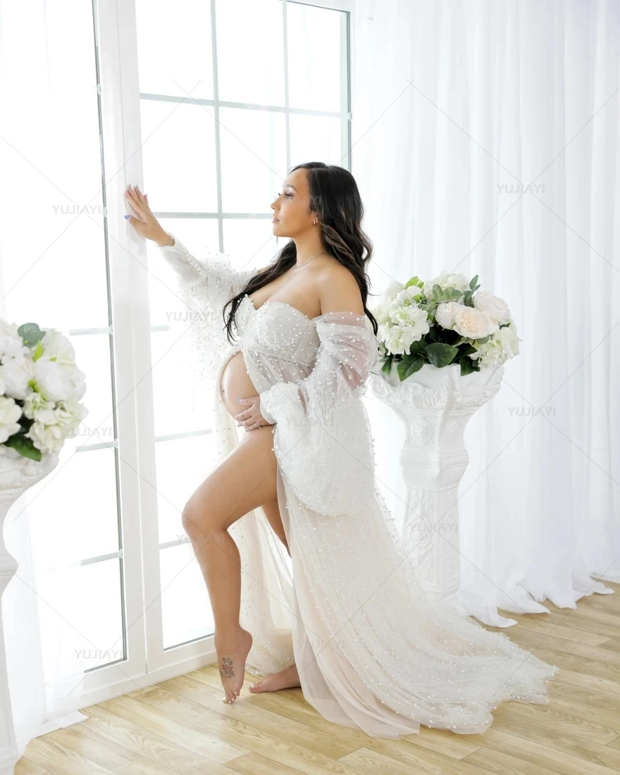 Pearl Tulle Gown Maternity Dress for Photoshoot Front Split Pregnancy Robe A Line Bridal Shower Boudoir Sleepwear Nightwear