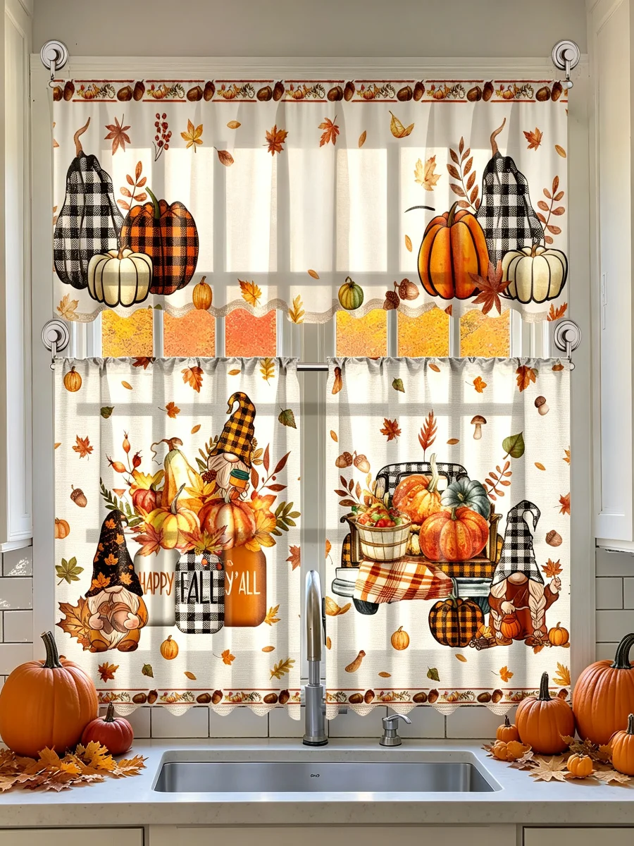  Fall Kitchen Curtains, Pumpkin Gnome Buffalo Plaid Print, Autumn Harvest Farmhouse Small Window Kitchen Decor