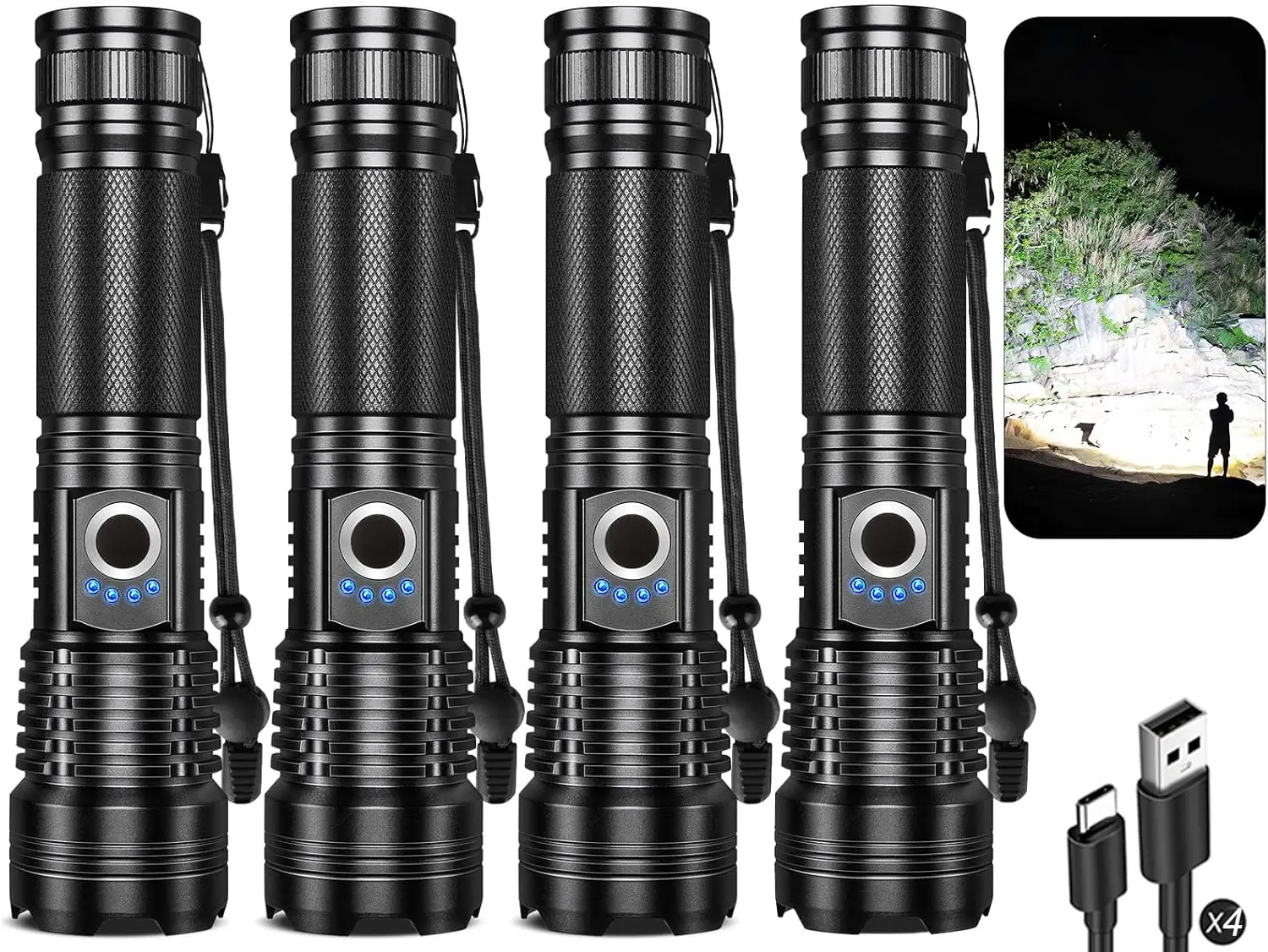 

Перезаряжаемые фонарики (4 шт.), 99 000 лм, сверхъяркие светодиоды, 5 режимов, для дома и кемпинга