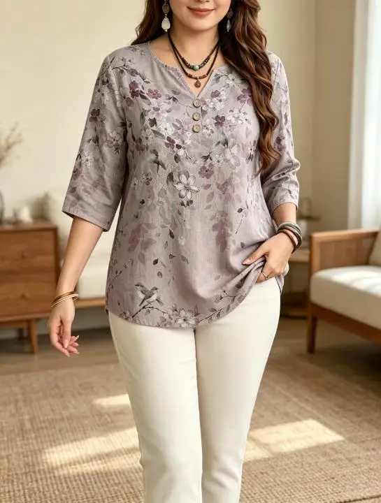 Natural Floral Bird Animal All Over Print Women Blouse 3/4 Sleeve Notch V Neck Decor Button Daily Casual Tops