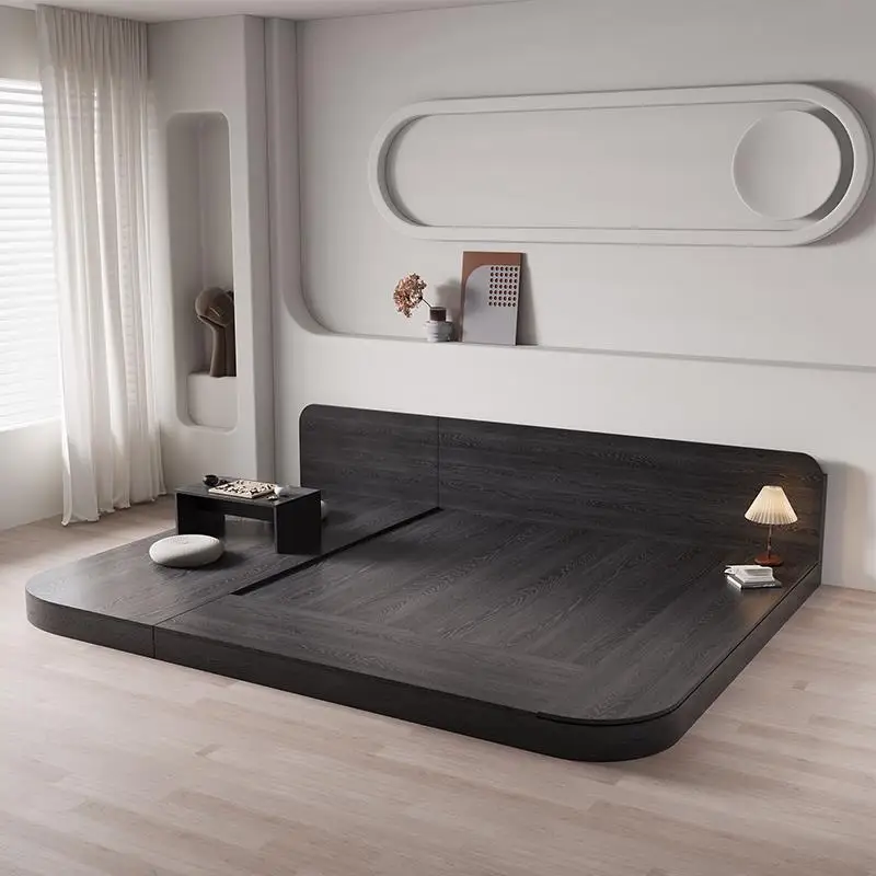 Japanese-style black tatami low bed, double floor-to-ceiling board bed, solid wood arc