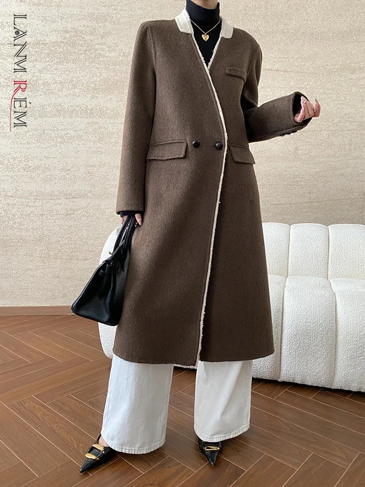 

[LANMREM] Elegant Spliced Contrast Color Wool Coats Women's V Neck Tassel Office Lady Warm Outwear 2024 Winter New 26C1042