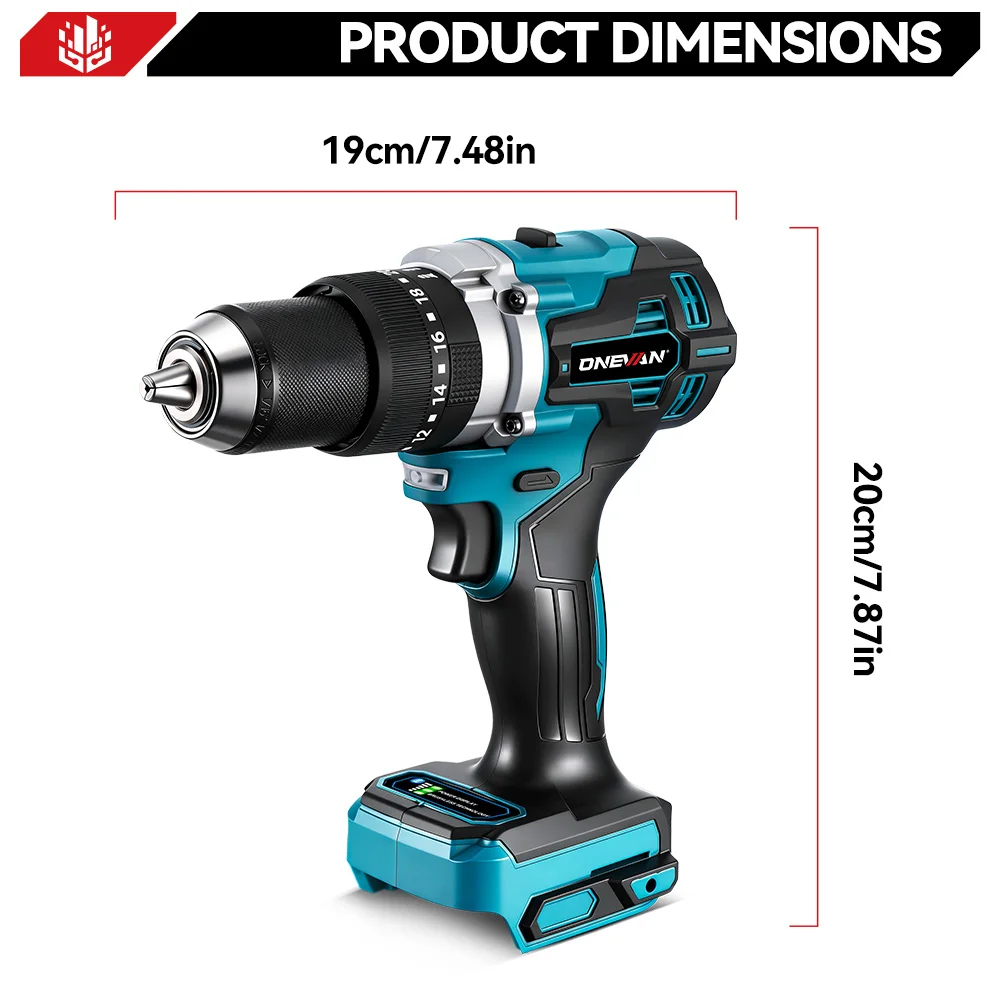 ONEVAN 13MM 650N.M Brushless Electric Impact Drill 20+3 Torque Cordless Screwdriver Drill Power Tool For Makita 18V Battery Pin
