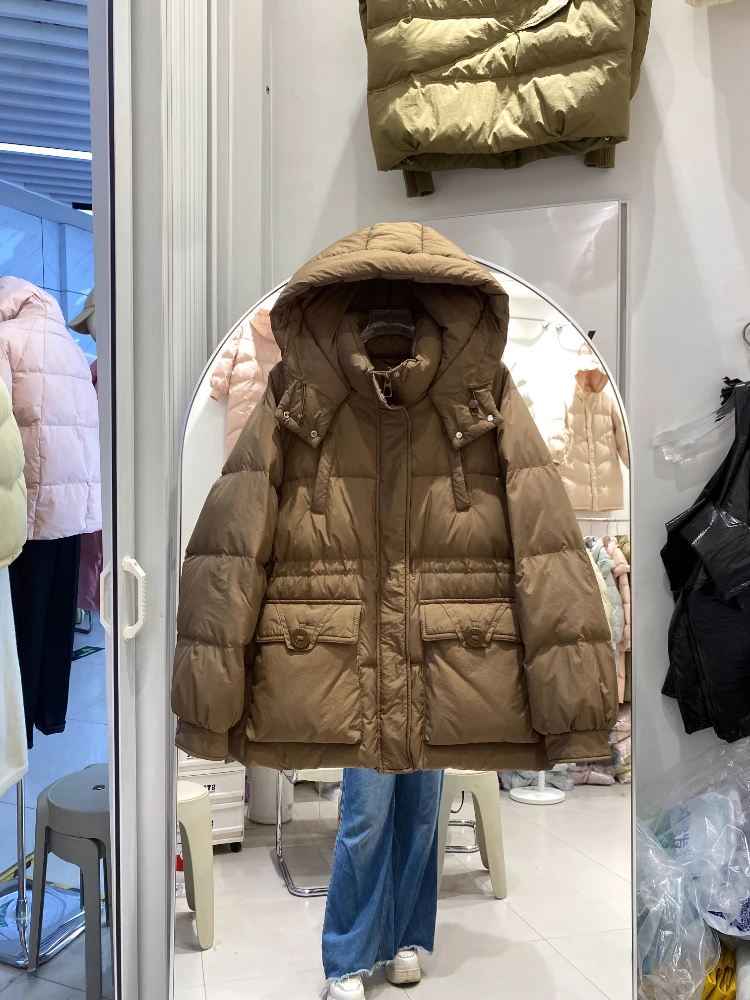 Chaqueta acolchada corta para mujer, abrigo informal holgado de talla grande para otoño e invierno, prendas de vestir cálidas y gruesas con capucha, abrigo de plumón de pato blanco, novedad de 2025