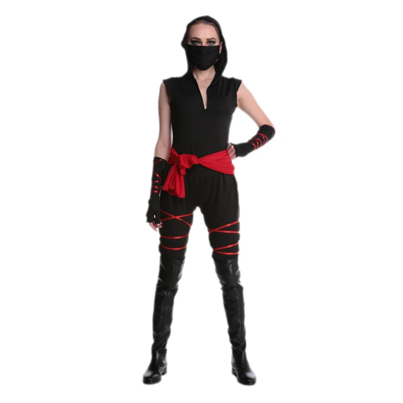 F1708 Black Warrior Costume Sexy Women Halloween Mouth-Muffle Top Pants Gloves Belt