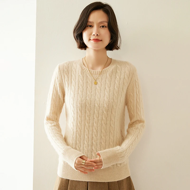 

Простой осенне-зимний вязаный женский однотонный пуловер из 100% кашемира с круглым вырезом, повседневный толстый теплый базовый слой с длинными рукавами