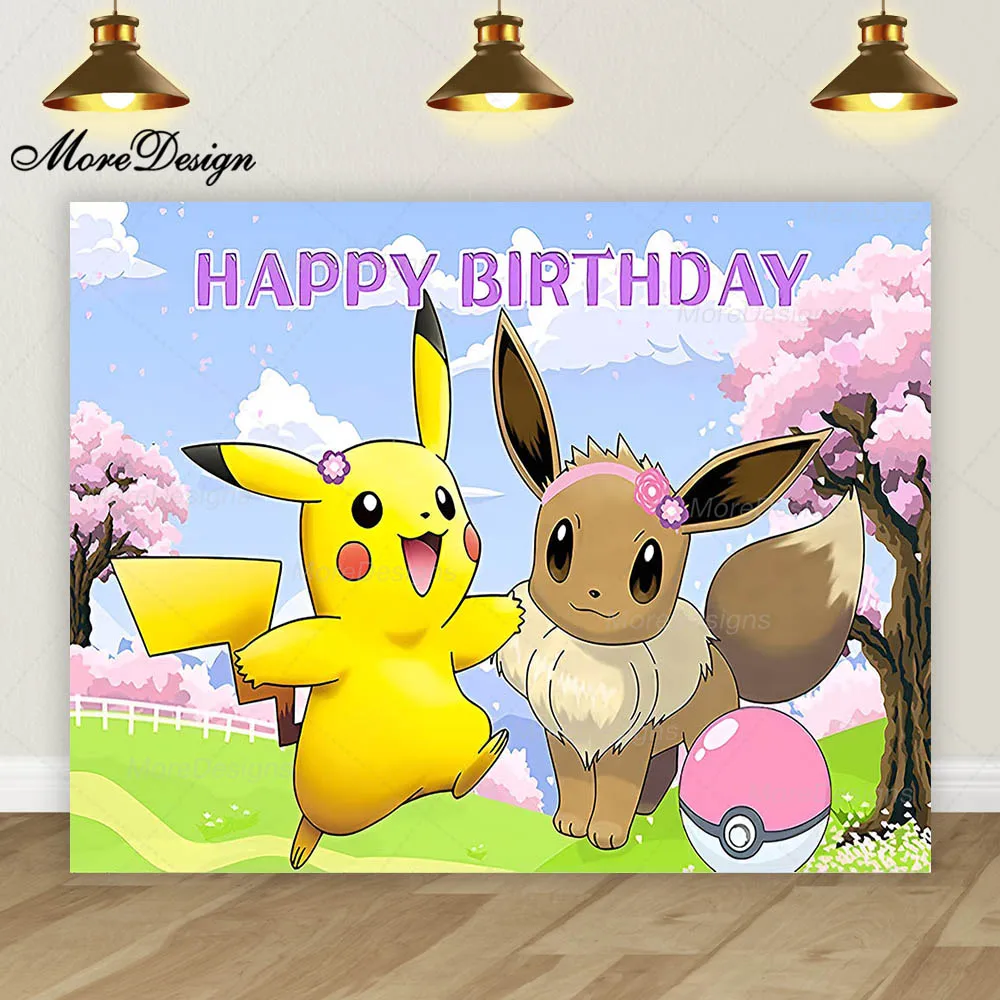 Pokemon Pikachu festa foto sfondo bambini compleanno decorazione cartone animato Anime vinile poliestere tessuto sfondo Banner