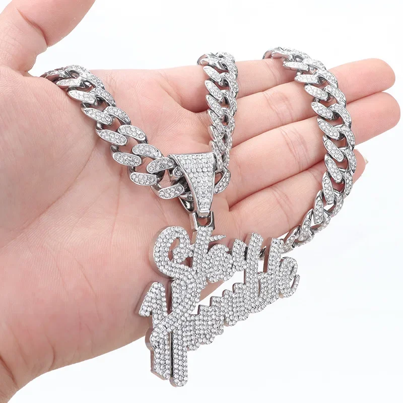 ULJ Shiny Hip Hop  Stay Humble Letter Pendant Necklace Cuban Link Chain for Men Woman Iced Out Bling Chain Jewelry