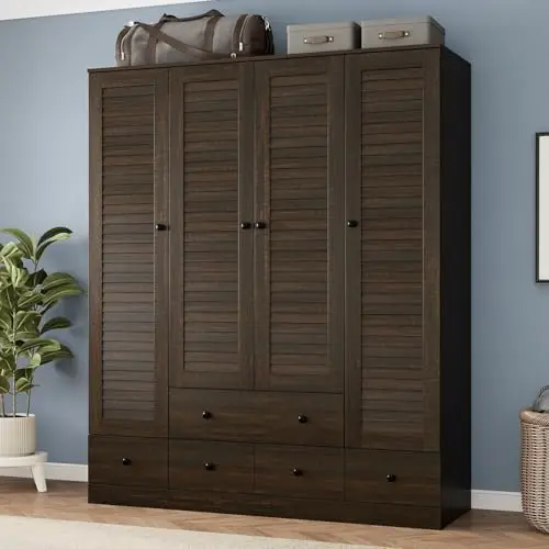 Almirah for Clothes, Tall Brown Bedroom Storage Wardrobe Closet Cabinet with Louvered Doors and Shelves, Large Wide