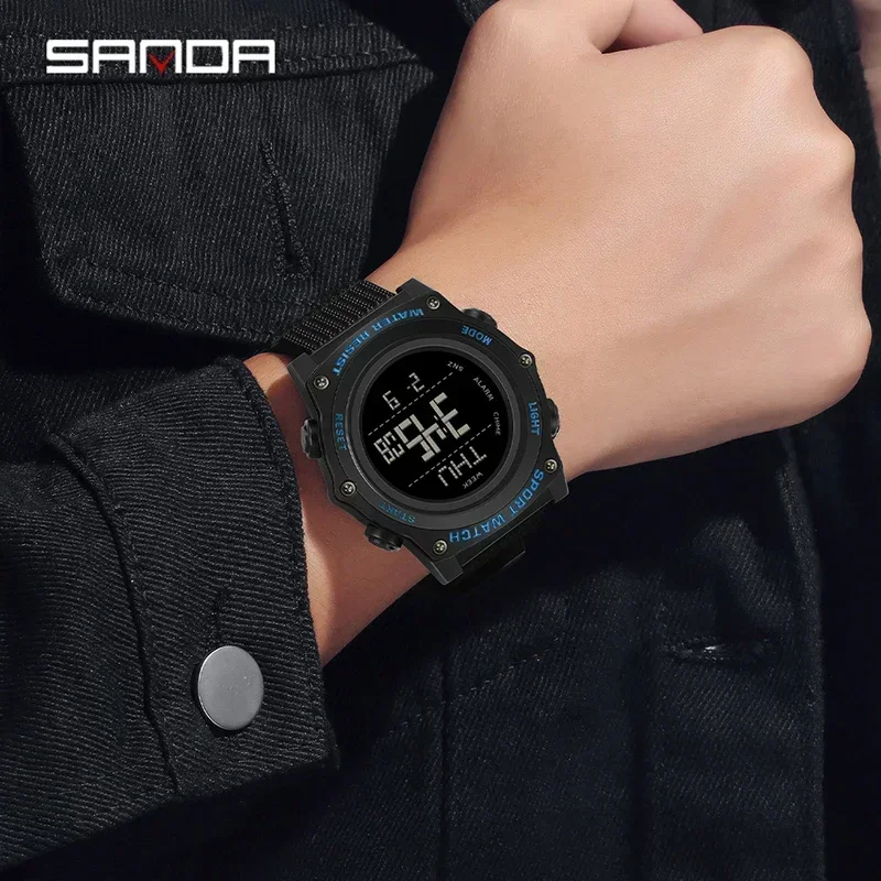 2024 Fashion Sanda 2159 Electronic Men Outdoor Sports Students Waterproof Luminous Calendar Multifunction Cool Led Digital Watch