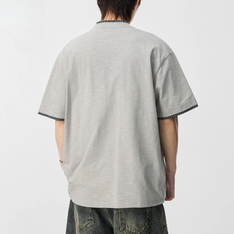 2026 Summer New Fake Two-piece Splicing Contrasting Color Short-sleeved Henry Collar T-shirt Loose and Casual