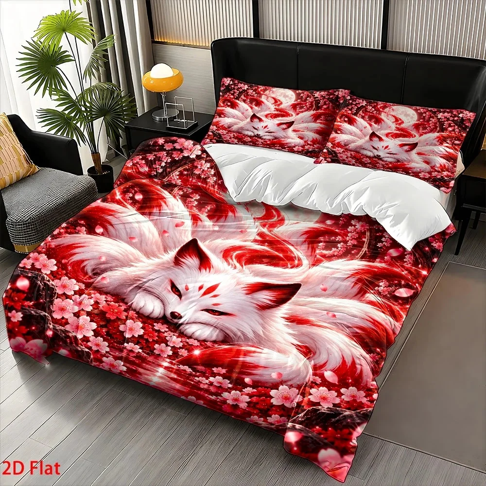 2D Duvet Cover Set Nine-Tailed Fox Cherry Blossom Moonlight Theme, Cyberpunk Fantasy Style, Japanese Tanabata Festival Ultra Soft Brushed Bedding 3 Piece Set for Bedroom Hotel