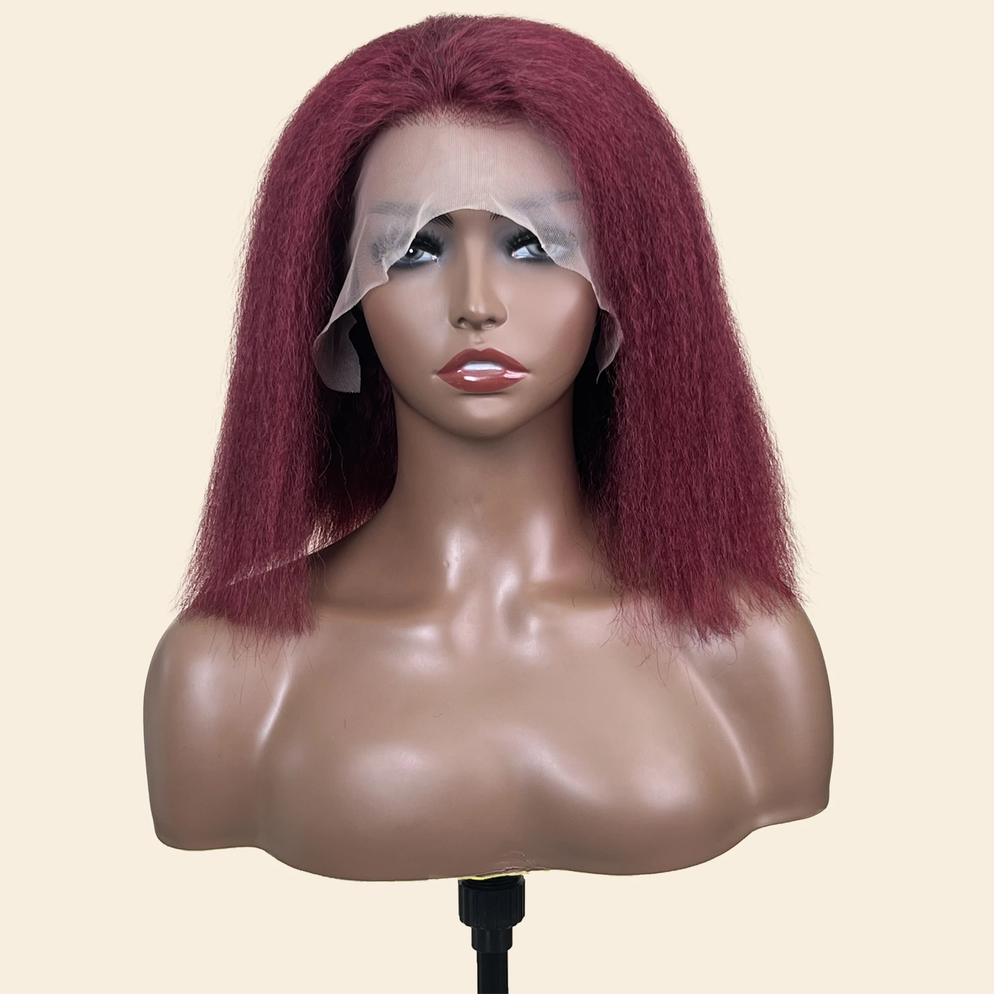 

Haoland Kinky Straight 13x4 Lace Frontal Wig Human Hair Short Bob Wigs 99J Burgundy Brazilian Remy PrePlucked Wig For Women 250%