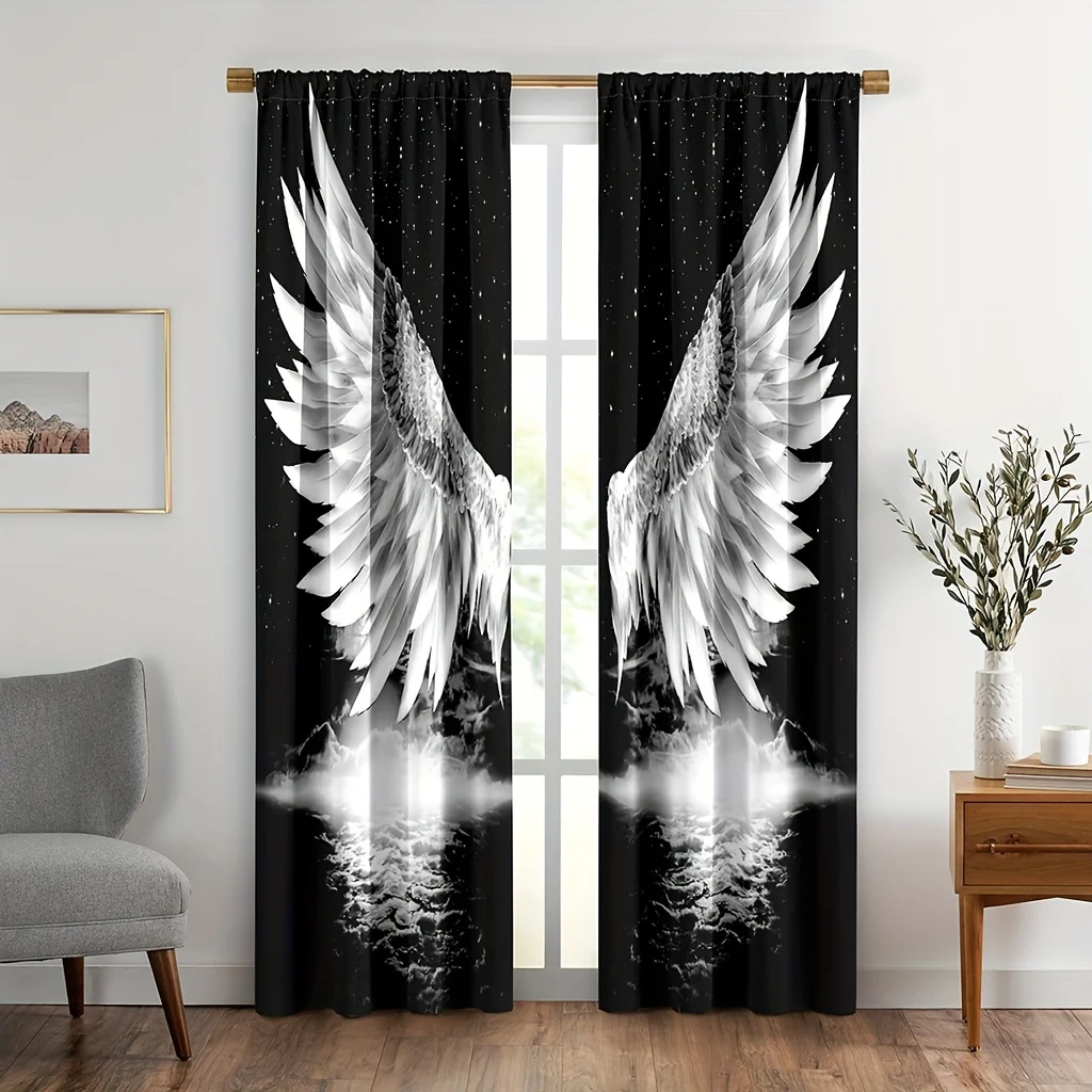 

2pcs Black Art Window Curtains Angel Wings And Stars Room Decor Drapes Window Treatments For Bedroom Living Room Home Decor