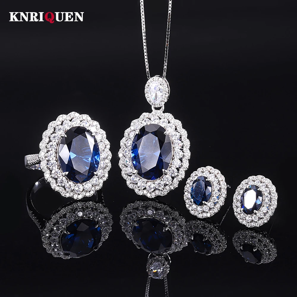 

Vintage 100% 925 Sterling Silver Oval Sapphire Lab Diamond Pendant Necklace Rings Earrings Gemstone Jewelry Sets Gift for Women