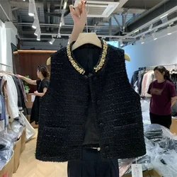 Küçük kokulu tüvit yelek kadın püskül v yaka kolsuz kırpılmış ceket Tank Top sonbahar kore Chic yelek düğmeleri yeni