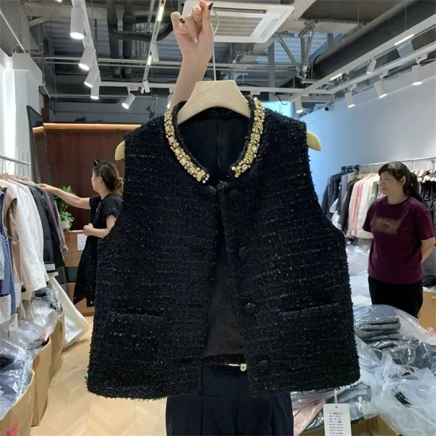 Small Fragrant Tweed Vest Women Tassel V-neck Sleeveless Cropped Jacket Tank Top Autumn Korean Chic Waistcoat Buttons New