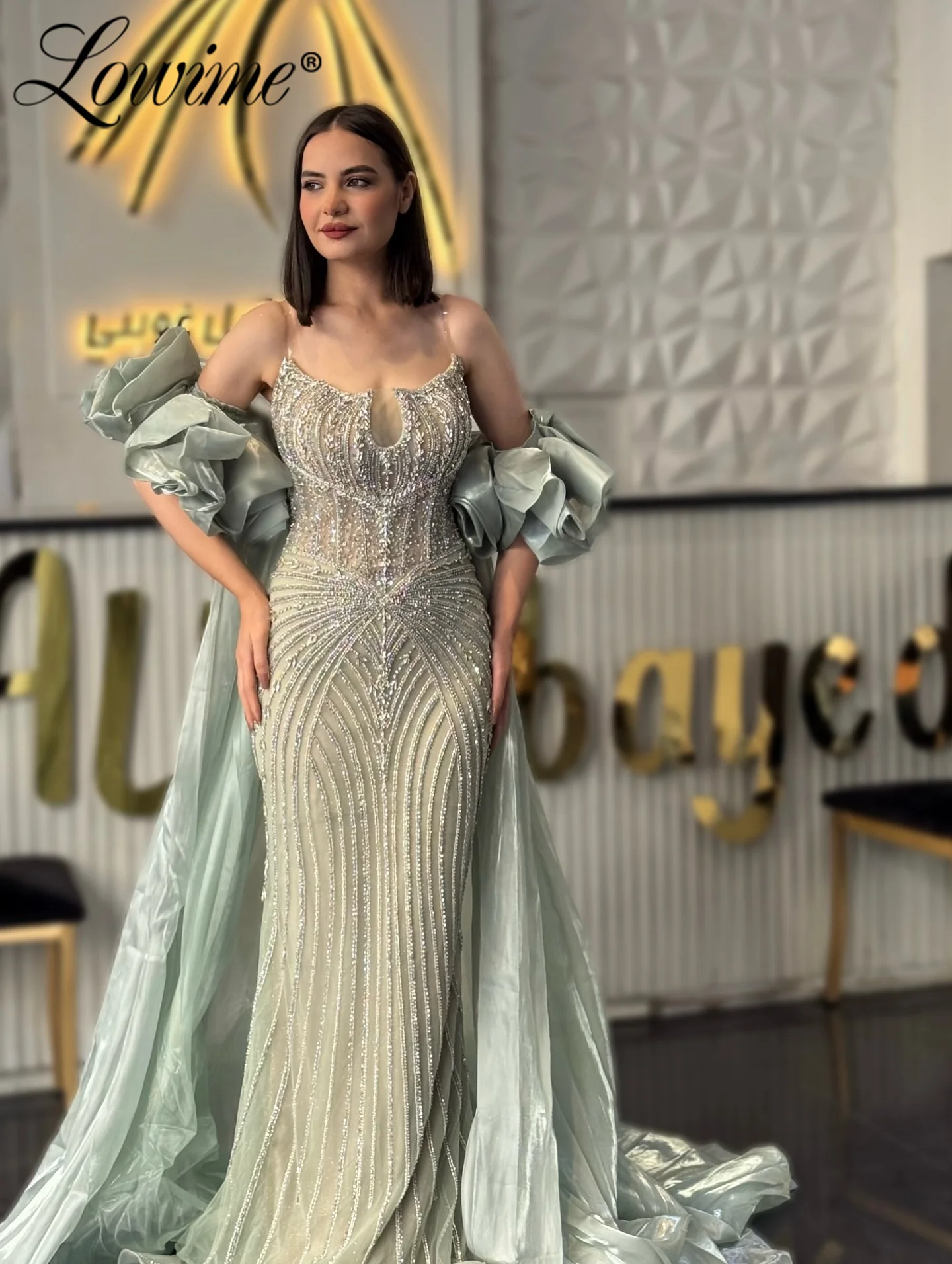 

Dubai Arabic Strapless Green Pink Mermaid Evening Dresses Beaded Bodice Crystal Long Sleeve Ruffles Prom Dresses 2026 Customized