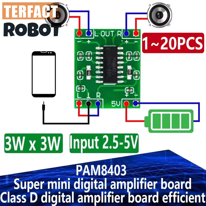 1~20PCS PAM8403 Super mini digital amplifier board 2 * 3W Class class d amplifier board efficient 2.5 to 5V USB power supply