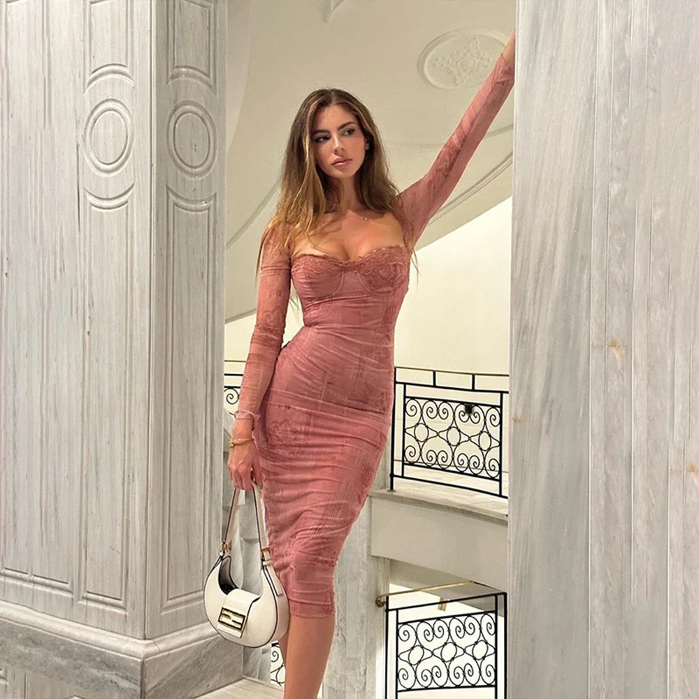

FDEY Vintage Palace Style Women's Extra Long Dress Party Pink Square Neck Low Lace Split Hip Wrap Dresses