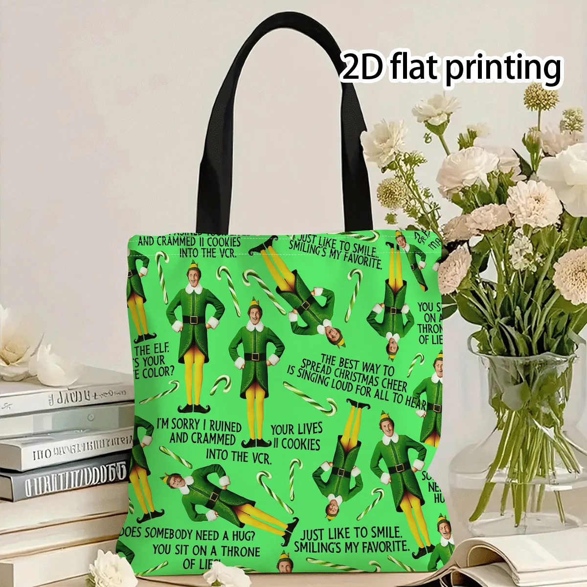 1pc Tote Bag Elf, Christmas Quotes 2D Print Style Reusable Shopping and Travel Shoulder Bags Casual Daily Commuting Handbag
