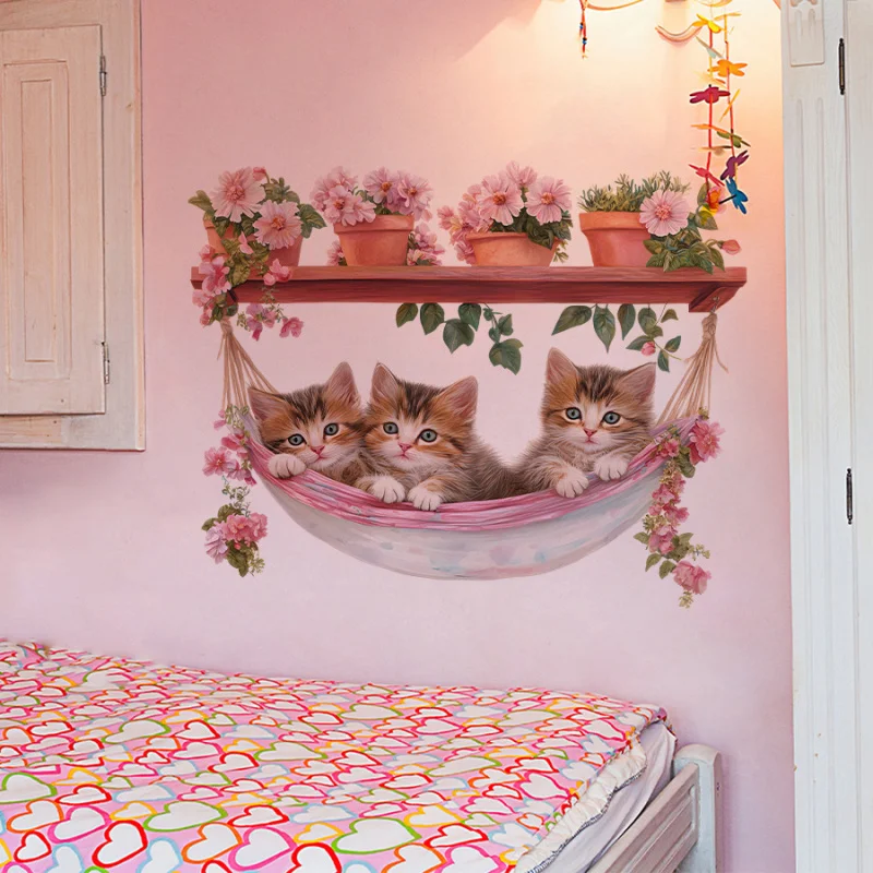 رسمت زهرة النبات بوعاء القط أرجوحة دراسة غرفة نوم غرفة الأطفال ديكور الجدار ملصق ذاتية اللصق القابلة للإزالة