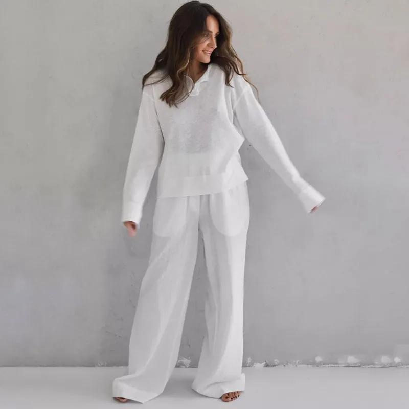 Spring Trendy Women's Comfortable Loose Fit Knitted Pajama Set Long Sleeves Pants Trousers Ideal Loungewear Wholesale White