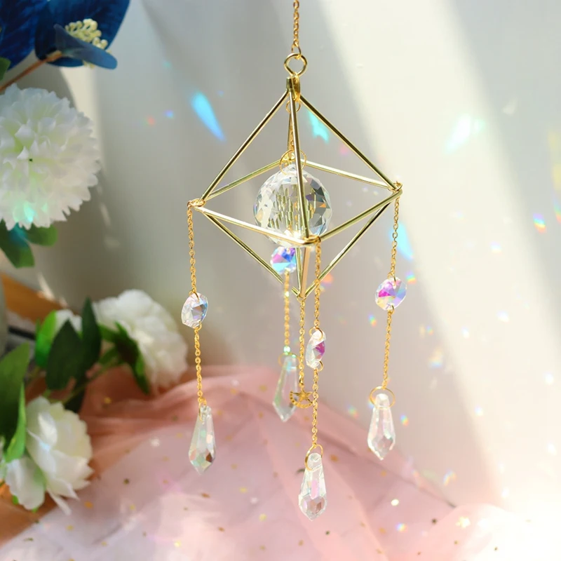 Crystal Sun Catcher, Rainbow Prism, Window Sun Catcher,Gold Plated Celestial Suncatcher, Boho Sun & Moon With Crystals