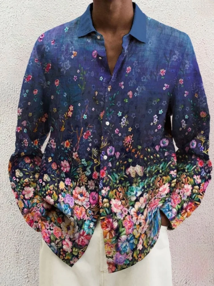 

Men's Floral Printed Long Sleeve Shirts Casual Loose Single Breast Holiday Chic Tops Vintage Bohemian Autumn New Man Clothings