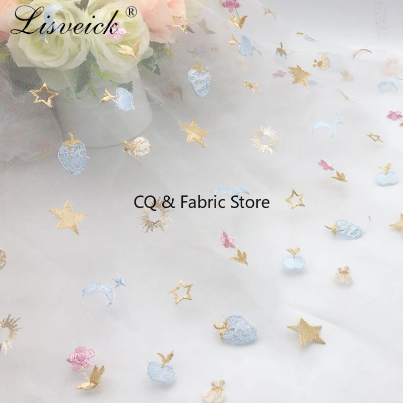 

Summer New Mesh Fruit Star Embroidery Fashion Tulle Lace Fabric Diy Women's Skirt Children's Dress Fabric