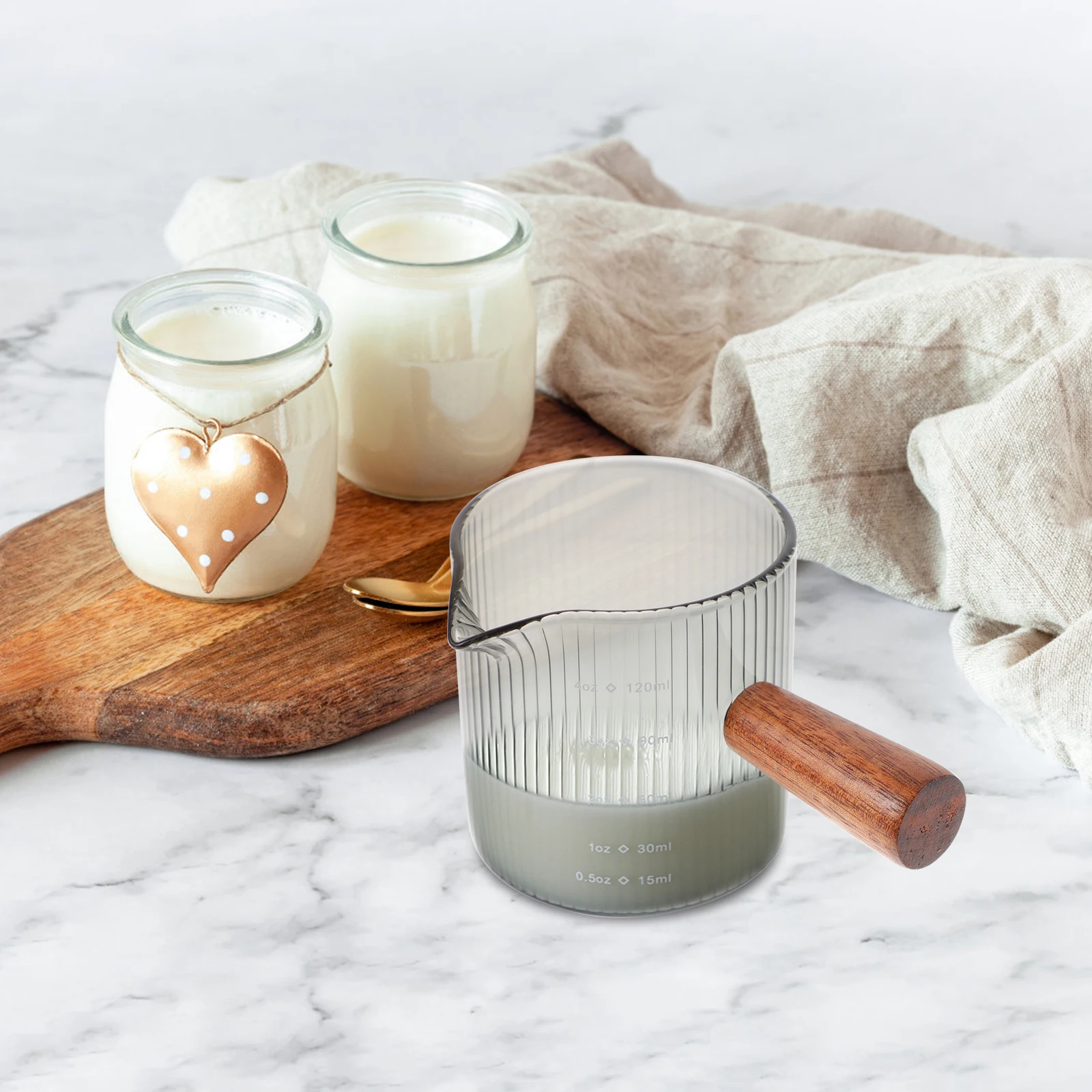

Wooden H Glass Milk Pitcher Small Creamer Cup Milk Pitcher for Espresso Coffee Shop Home Kitchen Measuring Tool