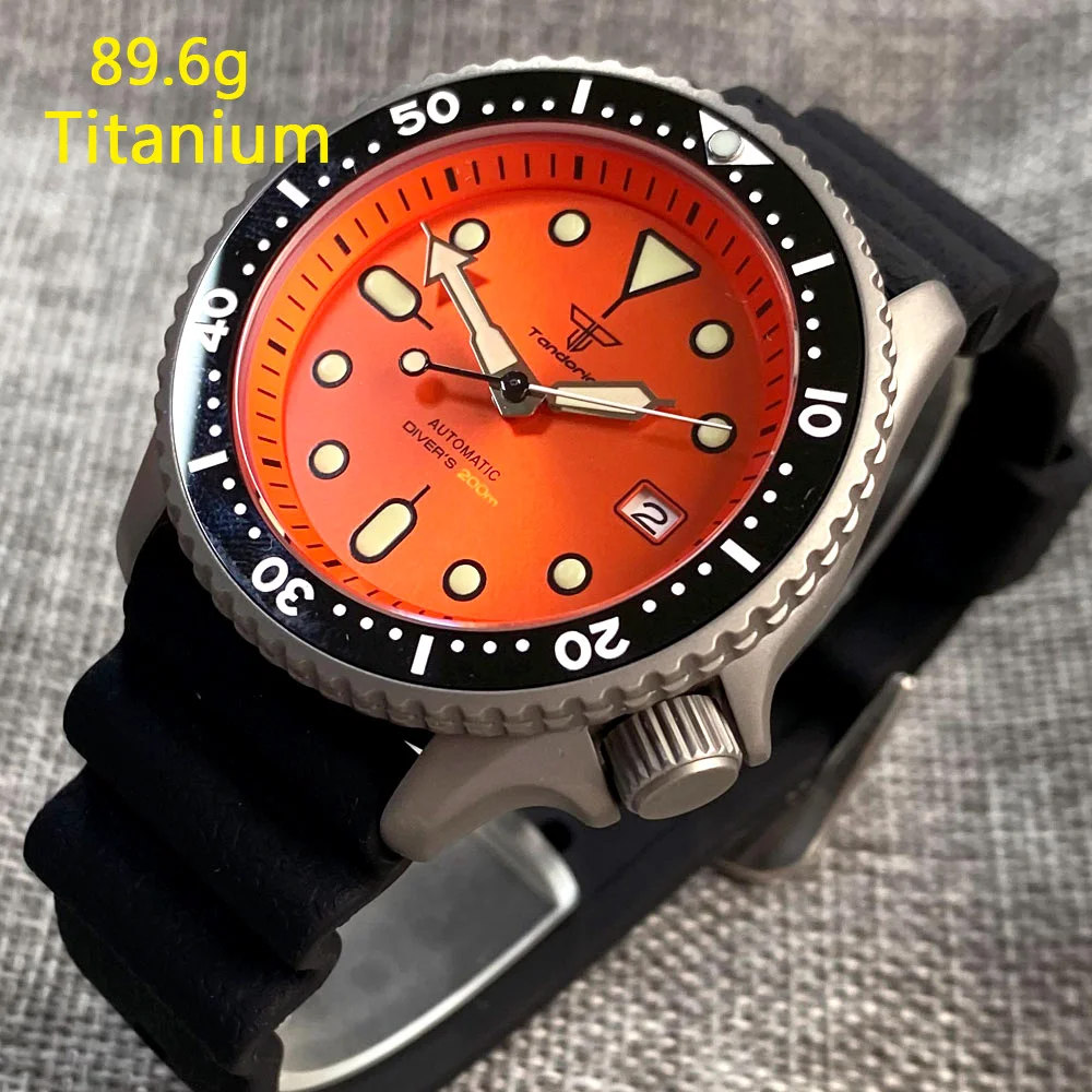 Tandorio 남성용 티타늄 시계, 오렌지 SKX 3.8 다이버 기계식 시계, 20bar 방수 럭셔리 정품 NH35 스포츠 시계