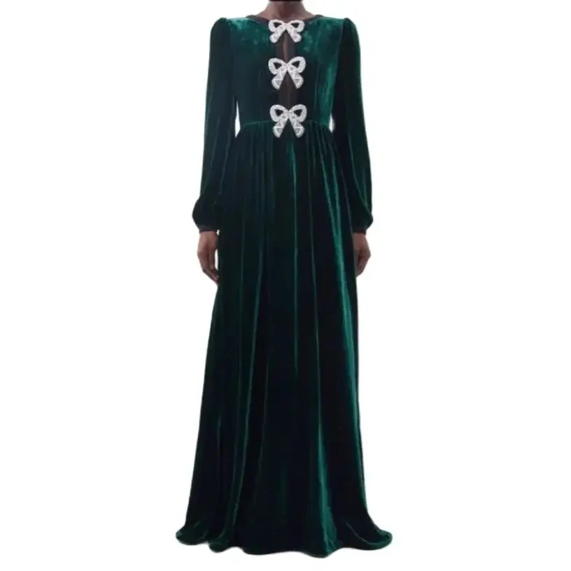 Green Velvet O-Neck Prom Dresses Long Sleeves Floor Length Bow A-Line Elegant Evening Gowns Straight Tailor-Made For Women