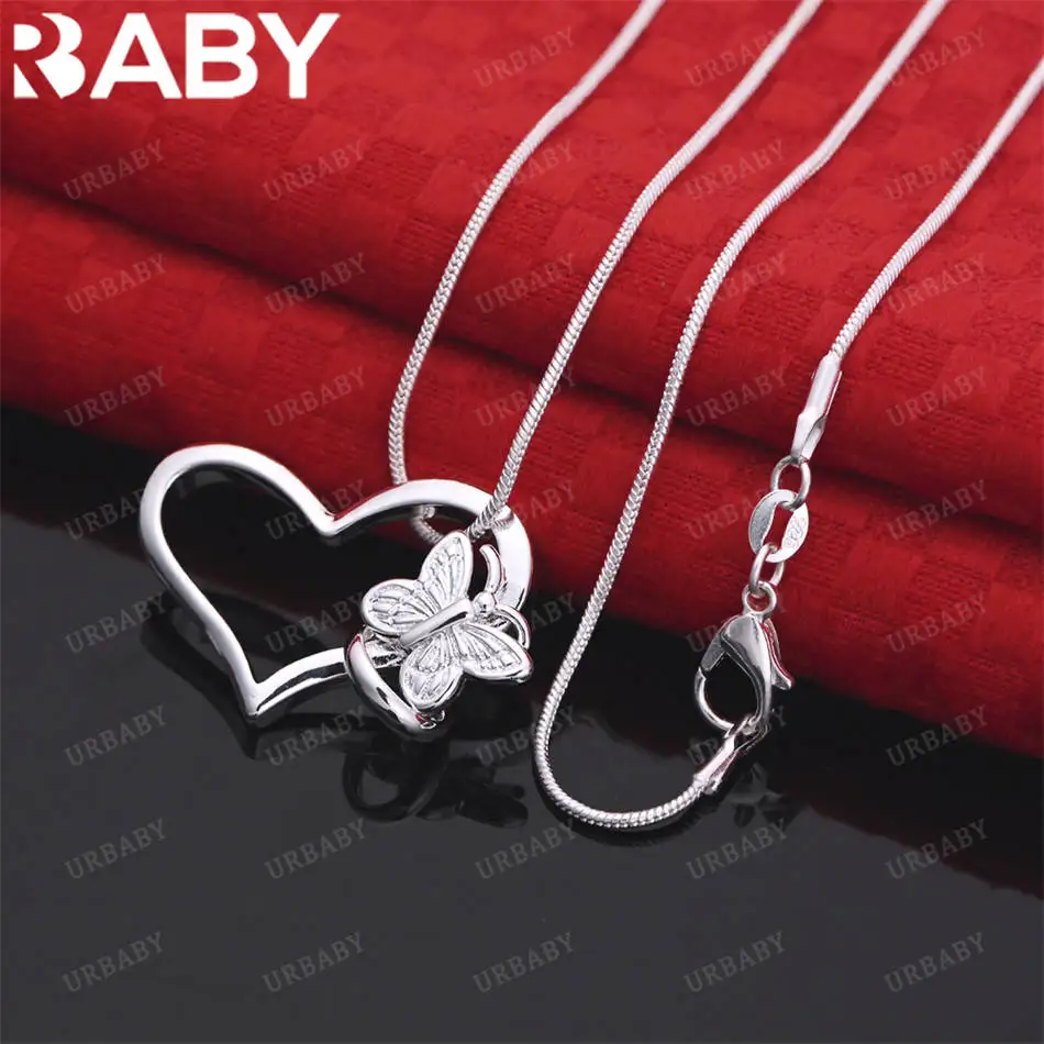 

URBABY 40-75cm 925 Sterling Silver Heart Butterfly Pendant Necklace For Women Charm Trend Birthday Gifts Fashion Party